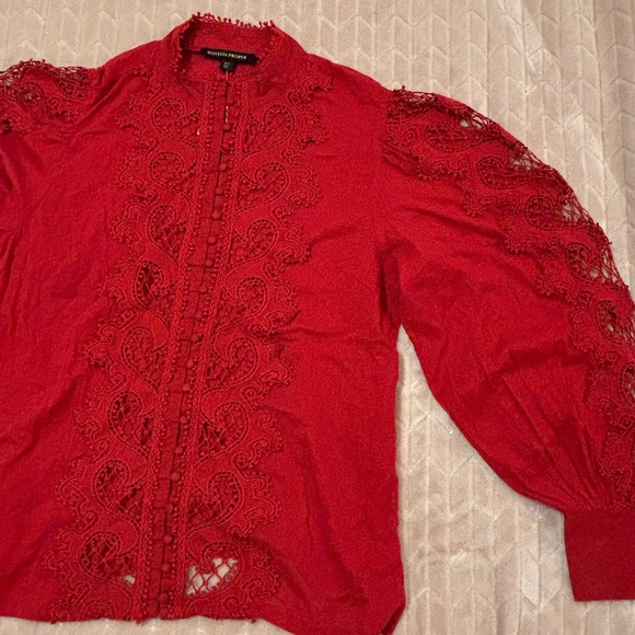 Boston Proper Womens Drama Sleeve Shirt Sz L Mock Neck Button Front Texture Lace - Picture 14 of 16